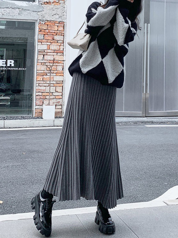 Pleated Solid Color A-Line High Waisted Skirts Bottoms