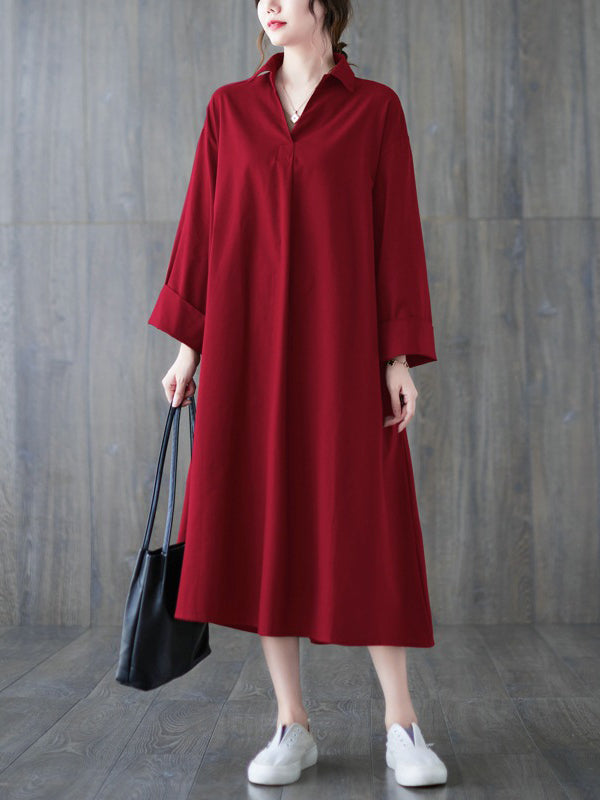 Buttoned Solid Color A-Line Long Sleeves Lapel Shirt Dress Midi Dresses