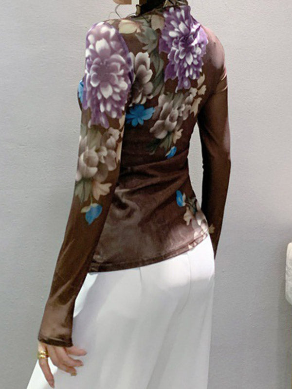 Floral Printed See-Through Split-Joint Long Sleeves Plus Size High Neck T-Shirts