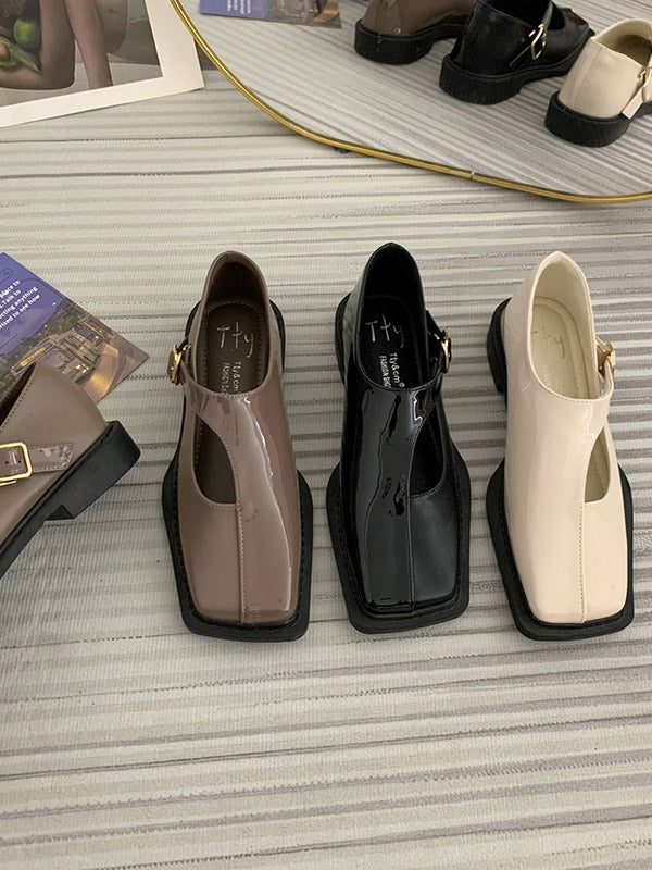 Buckle Hollow Split-Joint Square-Toe Loafers Flat Shoes