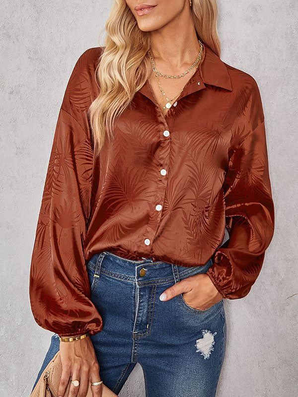 Jacquard Split-Joint Loose Puff Sleeves Lapel Blouses