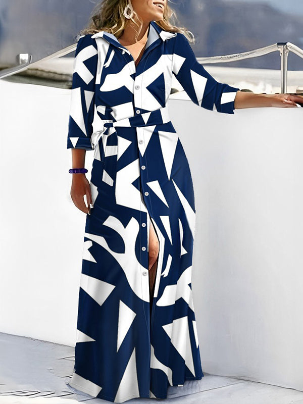 Buttoned Printed Tied Waist High Waisted Long Sleeves V-neck Shirt Dress Maxi Dresses