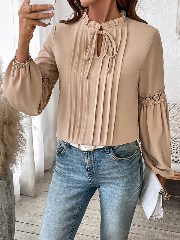 Pleated Solid Color Split-Joint Long Sleeves Loose V-Neck Blouses&Shirts Tops