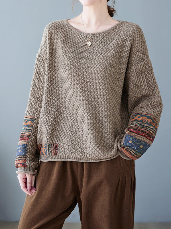 Printed Split-Joint Long Sleeves Loose Round-Neck Sweater Tops Pullovers