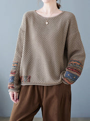 Printed Split-Joint Long Sleeves Loose Round-Neck Sweater Tops Pullovers