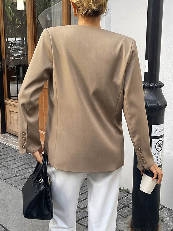 Buttoned Solid Color Split-Joint Long Sleeves Loose Collarless Outerwear Blazer