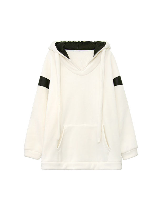 Contrast Color Drawstring Pockets Velvet Long Sleeves Loose Hoodies Tops