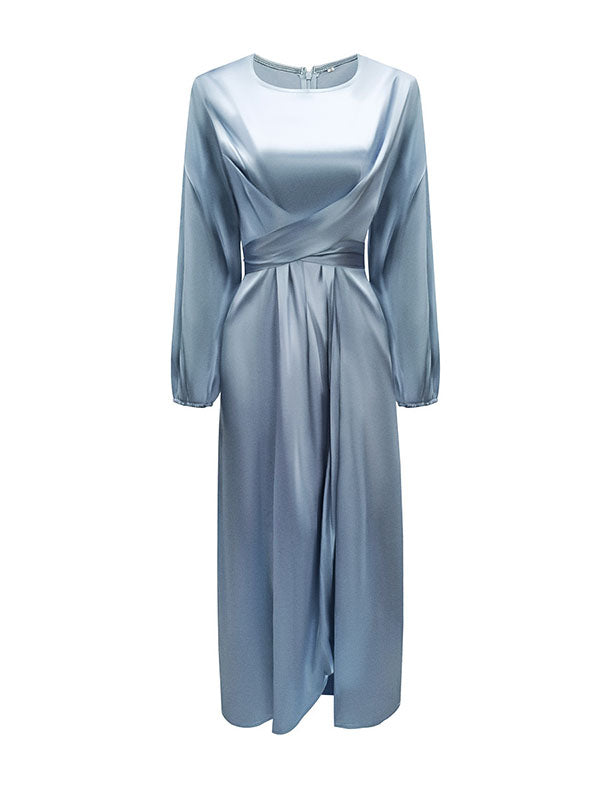 High-Waisted Solid Color Tied Waist Zipper Wrap Round-neck Maxi Dresses