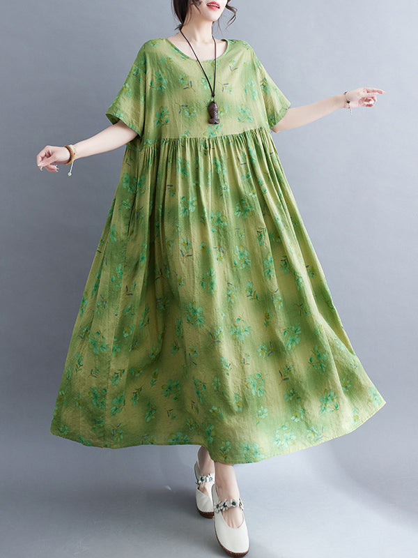 Floral Printed Loose Short Sleeves Round-Neck Midi Dresses