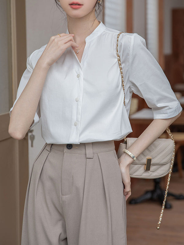 Buttoned Pleated Solid Color Split-Joint Half Sleeves Loose Stand Collar Blouses&Shirts Tops
