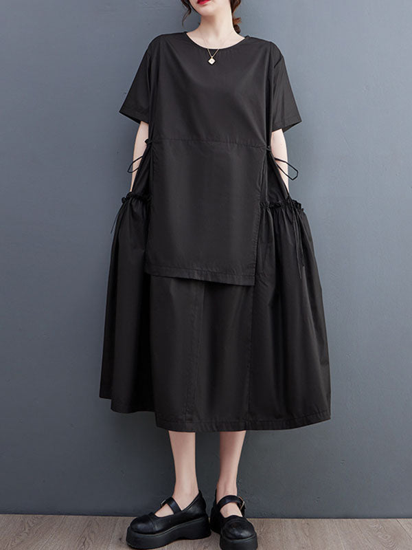 Solid Color Split-Joint Loose Short Sleeves Round-neck Midi Dresses