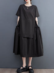 Solid Color Split-Joint Loose Short Sleeves Round-neck Midi Dresses
