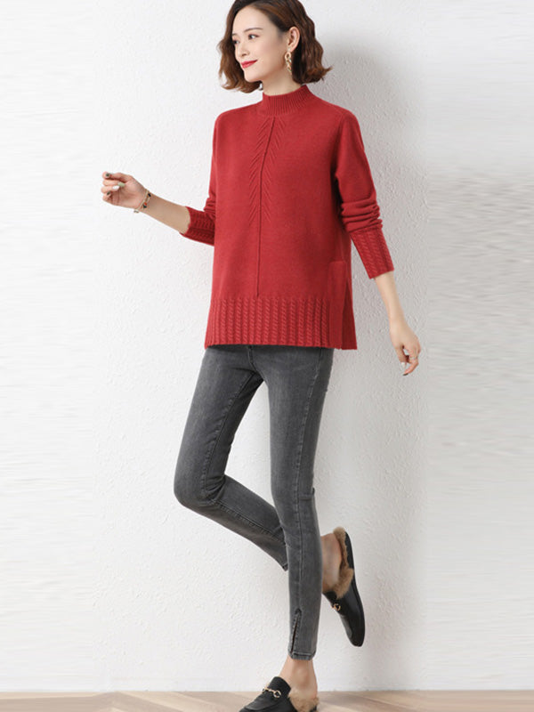 Loose Split-Side Solid Color Half Turtleneck Sweater Tops