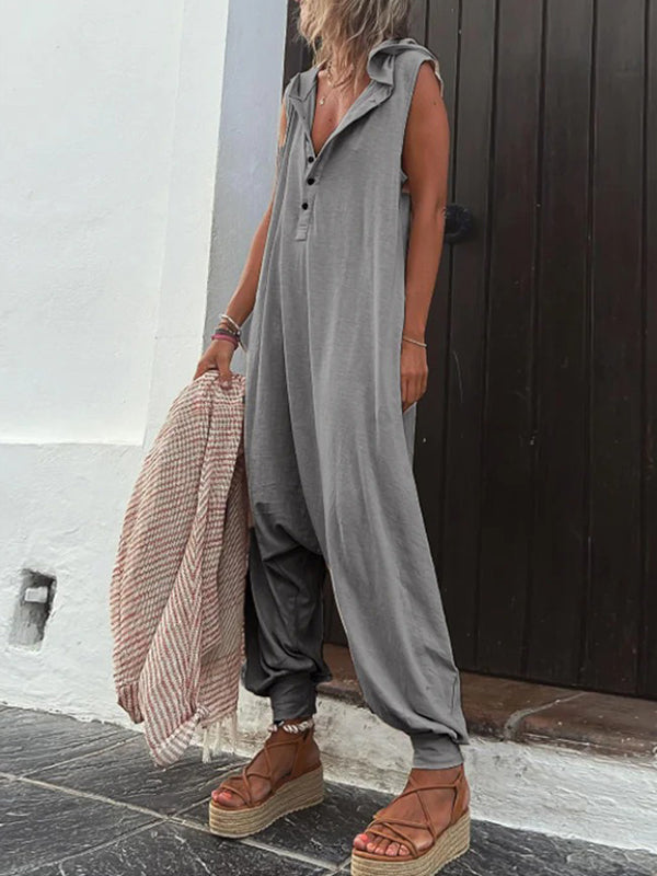 Buttoned Loose Sleeveless V-neck Jumpsuits