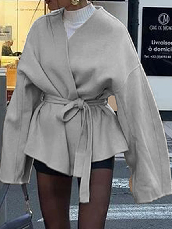 Solid Color Tied Waist Long Sleeves Loose V-Neck Outerwear