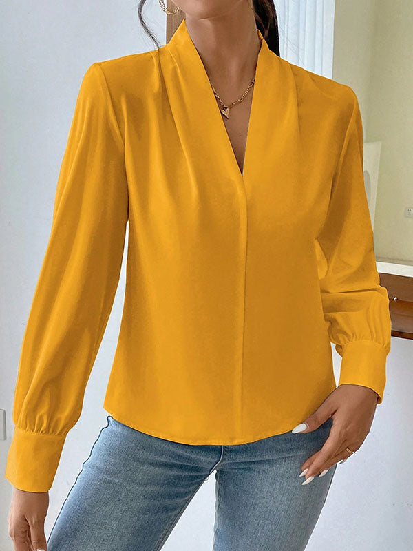 Pleated Solid Color Split-Joint Long Sleeves Loose V-Neck Blouses&Shirts Tops