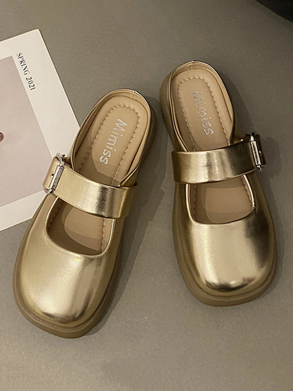 Belt Buckle Round-Toe Shallow Cut Split-Joint Slippers&Mules Platform Shoes
