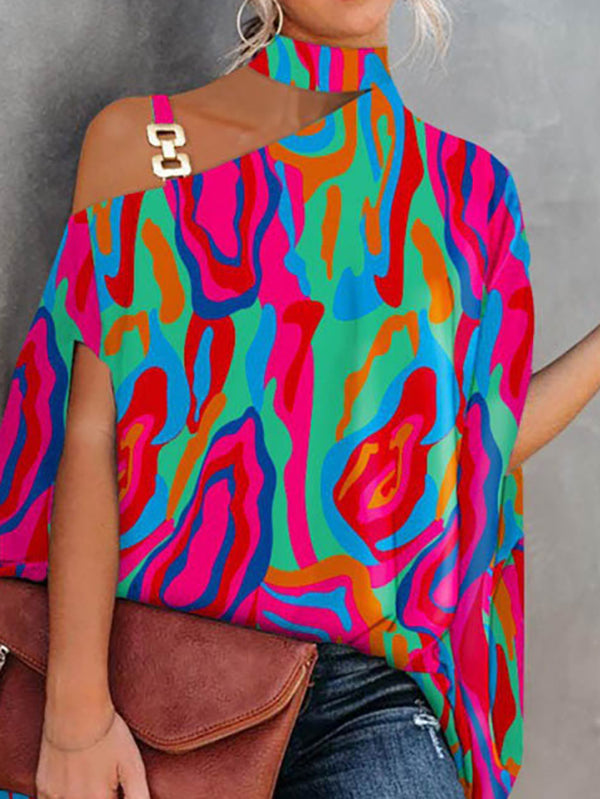 Asymmetric Chains Hollow Printed Batwing Sleeves Loose Asymmetric Collar T-Shirts Tops