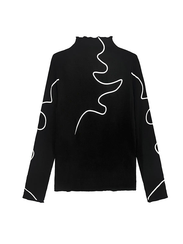 Printed Long Sleeves Skinny Mock Neck T-Shirts Tops