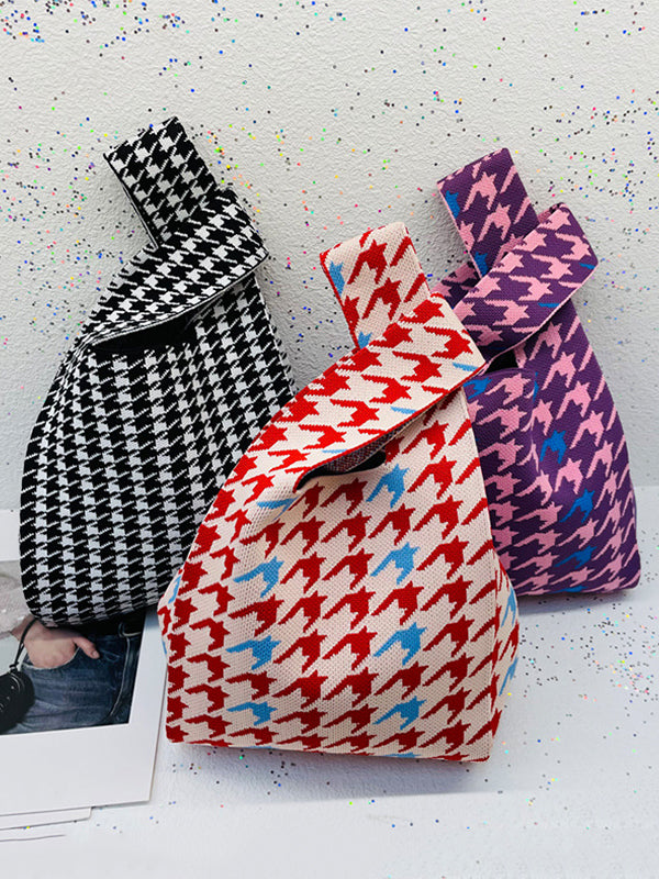 Contrast Color Houndstooth Cute Woven Handbag Bags