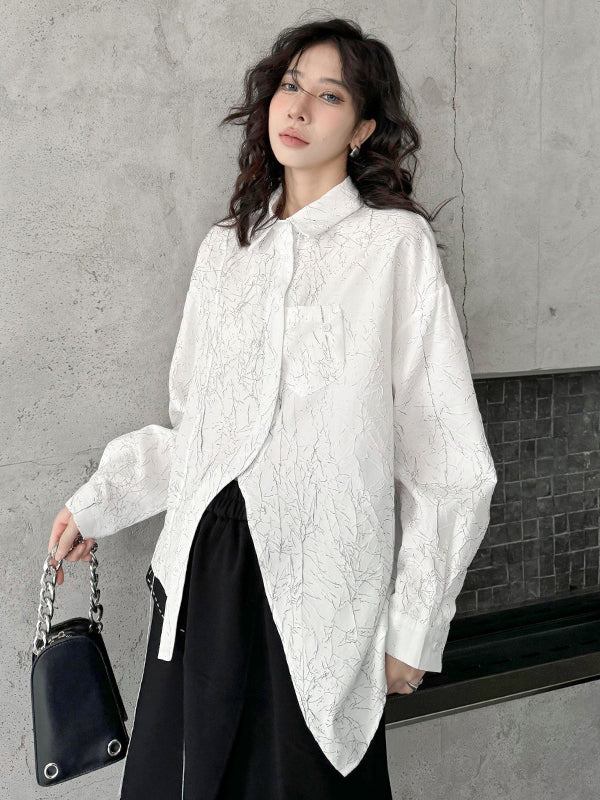 Abstract Printed Asymmetric Buttoned Wrinkled Irregularity Long Sleeves Lapel Blouses&Shirts Tops
