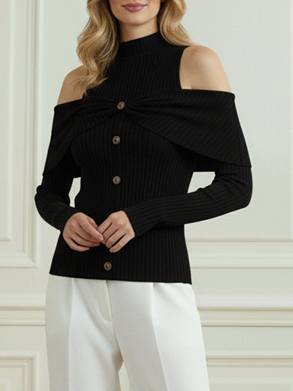 Long Sleeves Skinny Buttoned Pleated Ribbed Knit Cold Shoulder Knit Top