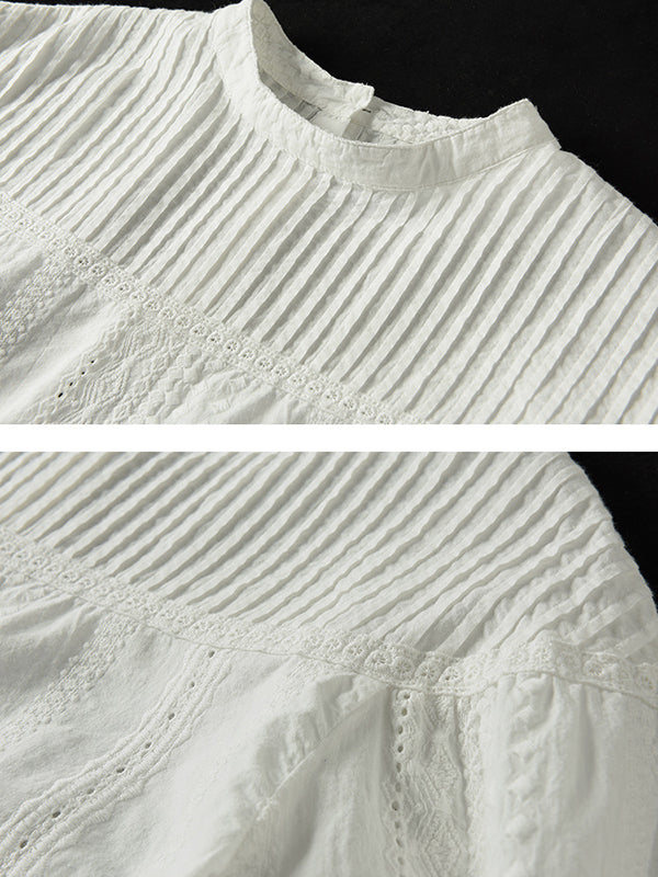 Artistic Retro Loose Solid Color Lace Hollow Long Sleeves T-Shirt Top