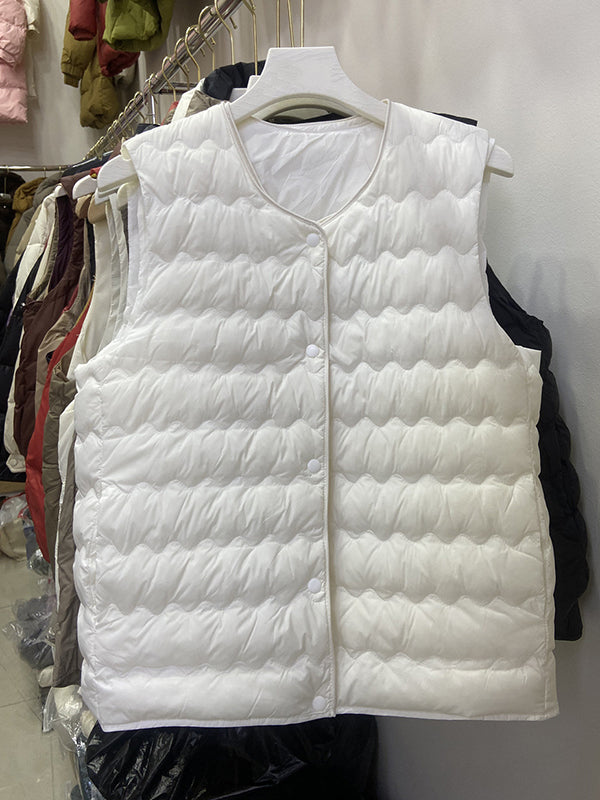 Buttoned Quilted Solid Color Loose Sleeveless Round-Neck Padded Vest