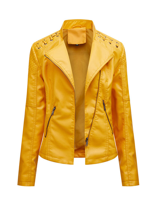 Split-Joint Zipper Long Sleeves Mock Neck Outerwear PU Jackets