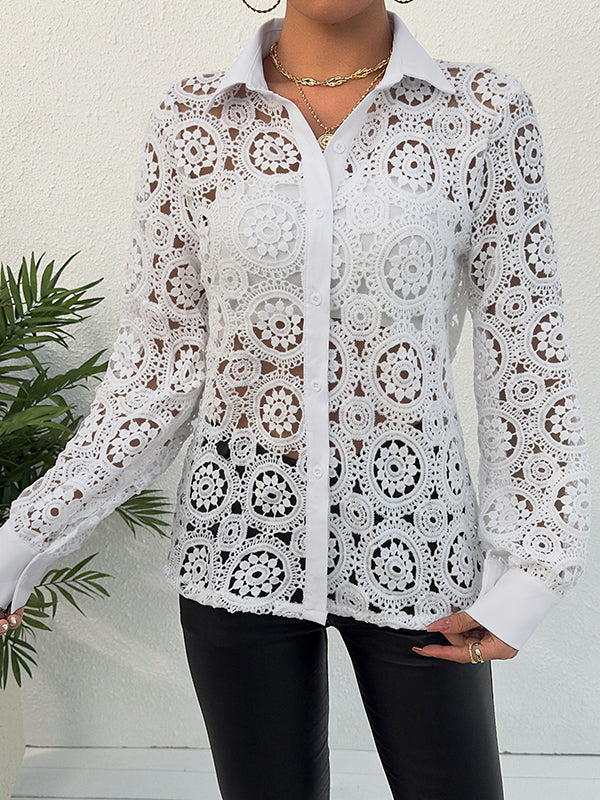 Buttoned Hollow Solid Color Long Sleeves Loose Lapel Blouses&Shirts Tops