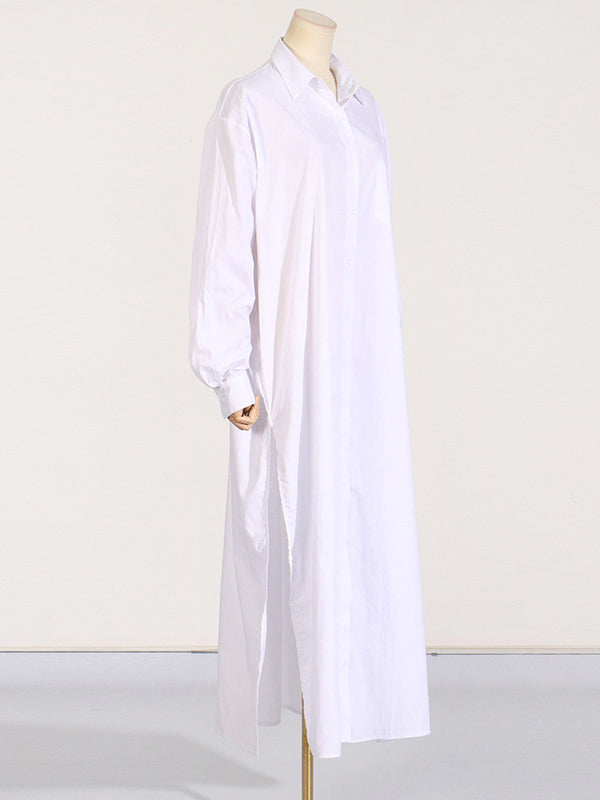 See-Through Solid Color Split-Joint Split-Side Long Sleeves Loose Lapel Shirt Dress Maxi Dresses