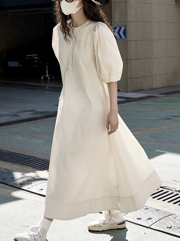 Solid Color Loose Puff Sleeves Round-Neck Midi Dresses
