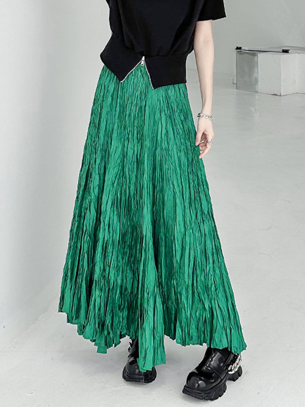 High-Waisted Pleated Solid Color A-Line Irregular Clipping Skirts