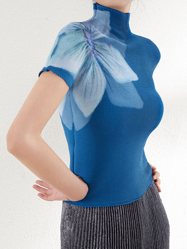 Flower Print Pleated Short Sleeves Mock Neck T-Shirts Tops