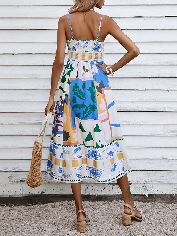 Pleated Printed Split-Joint High Waisted Sleeveless Collarless Slip Dress Midi Dresses