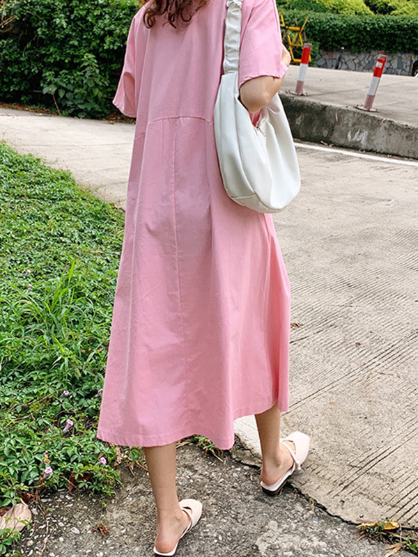 Loose Solid Color V-Neck Pleated With Pockets Midi Dresses