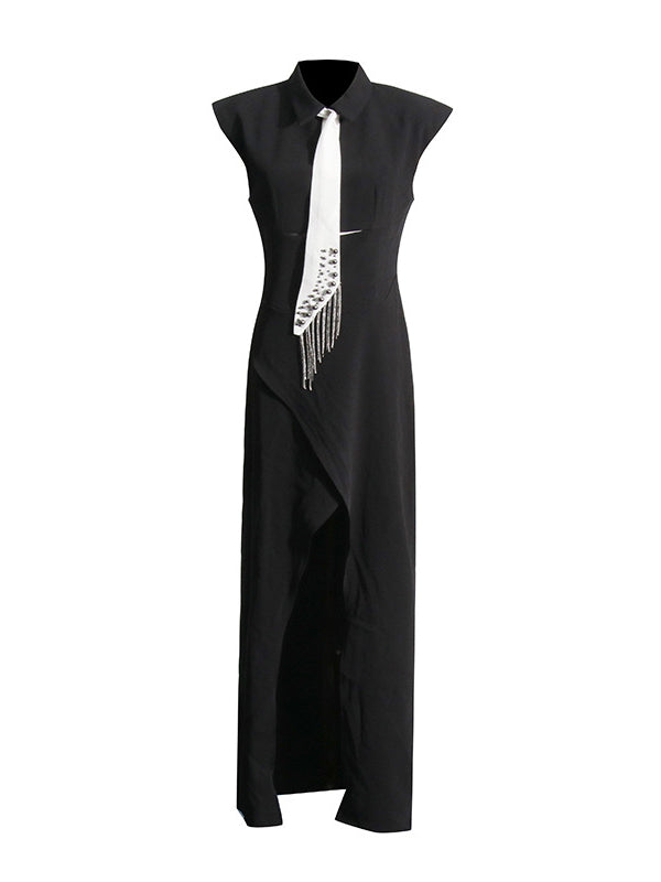 Asymmetric Hollow Rhine Stones Split-Front Split-Joint Tasseled High Waisted Sleeveless Lapel Midi Dresses