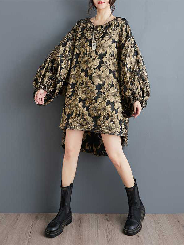 Elasticity Flower Print Jacquard A-Line High-Low Round-Neck Midi Dresses