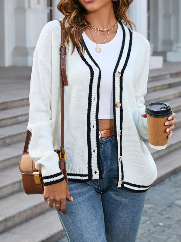 Contrast Color Split-Joint Long Sleeves Loose V-Neck Cardigan Tops