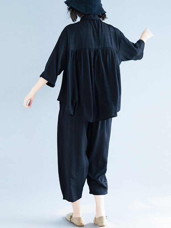 Two-Pieces Black Loose Shirt And Ninth Pants Suit