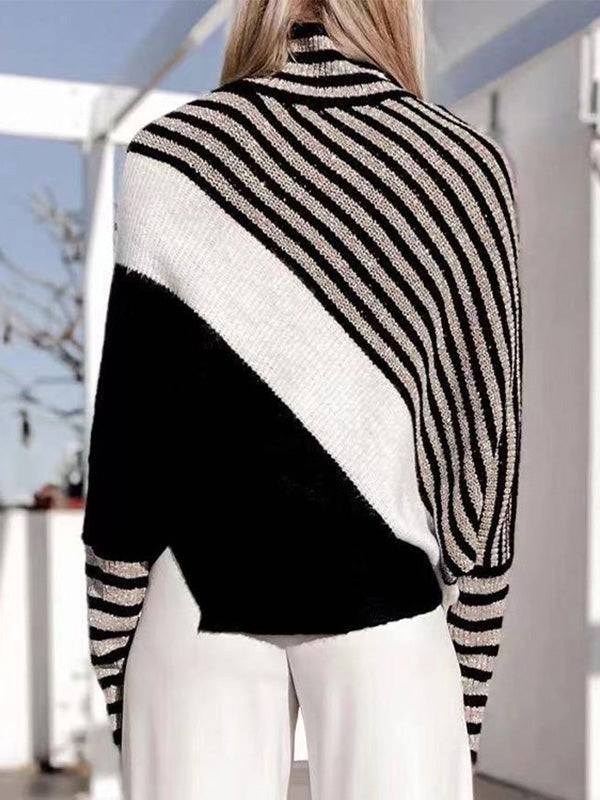 Trendy Batwing Sleeves Long Sleeves Striped High-Neck Sweater Tops
