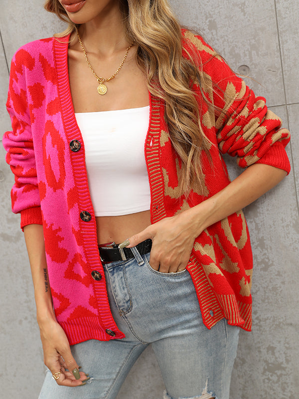 Buttoned Leopard Split-Joint Long Sleeves Loose V-Neck Cardigan Tops