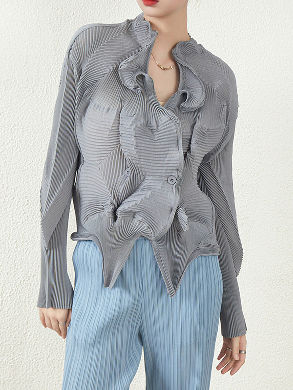 Original Creation Irregularity Long Sleeves Buttoned Pleated Solid Color Outerwear