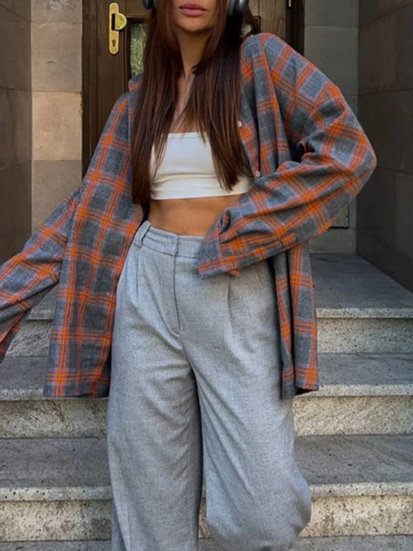 Buttoned Plaid Pockets Split-Joint Long Sleeves Loose Lapel Blouses&shirts Tops