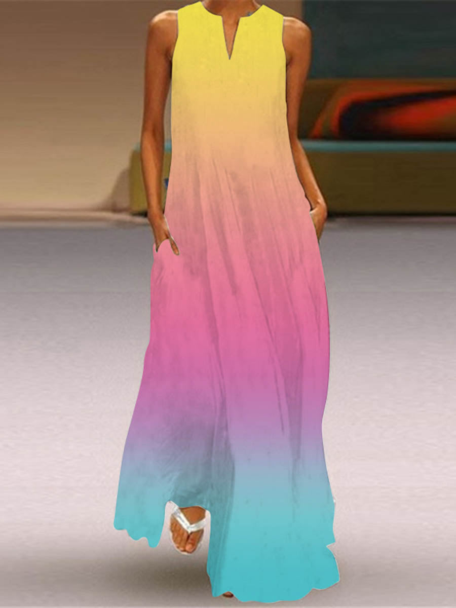 Contrast Color Pockets Printed Split-Joint A-Line Loose V-Neck Maxi Dresses