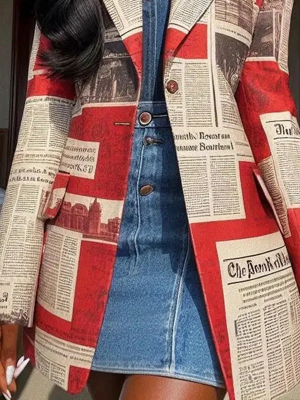 Buttoned Newspaper Print Pockets Split-Joint Long Sleeves Loose Notched Collar Outerwear Blazer