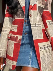 Buttoned Newspaper Print Pockets Split-Joint Long Sleeves Loose Notched Collar Outerwear Blazer