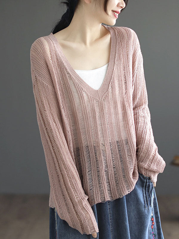 Hollow Solid Color Long Sleeves Loose V-Neck Pullovers