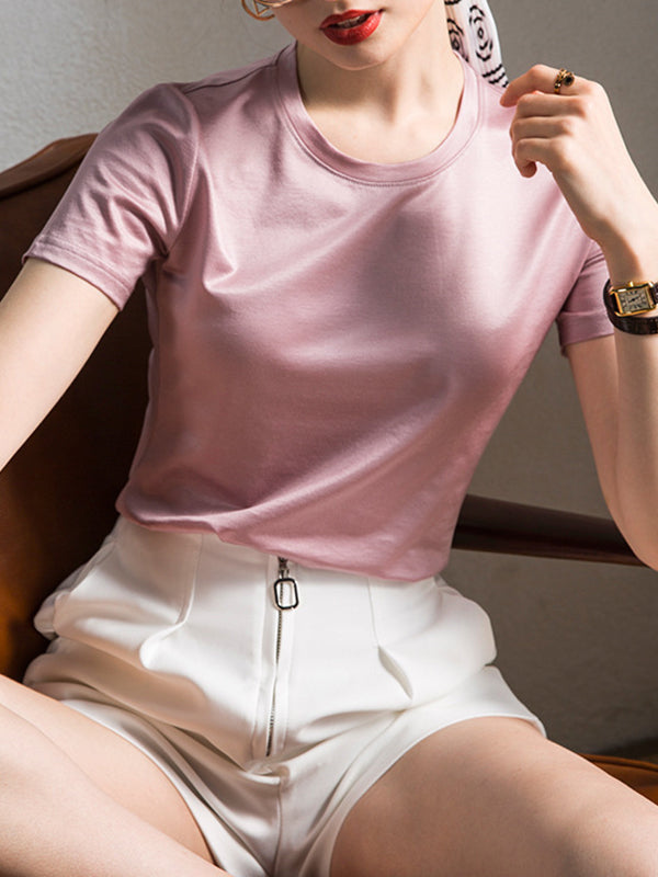 Shiny Solid Color Loose Short Sleeves Round-Neck T-Shirts Tops