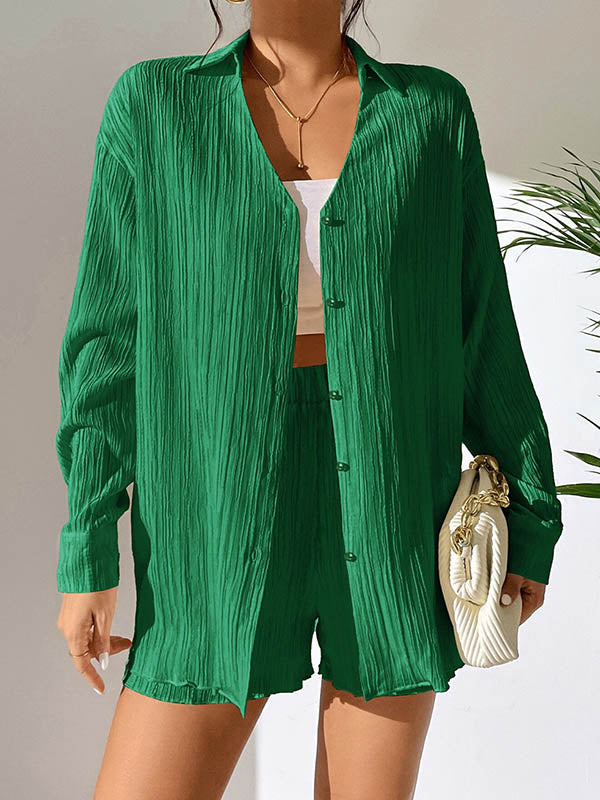 Loose Buttoned Long Sleeves Pleated Solid Color Lapel Shirts Top + Elasticity Shorts Bottom Two Pieces Set